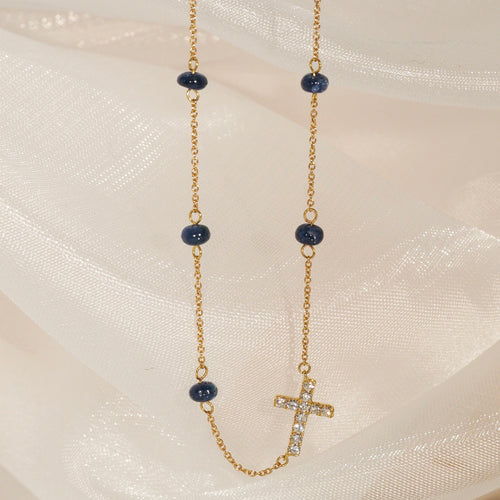 The Blue Sapphire Bead and Diamond Cross Necklace